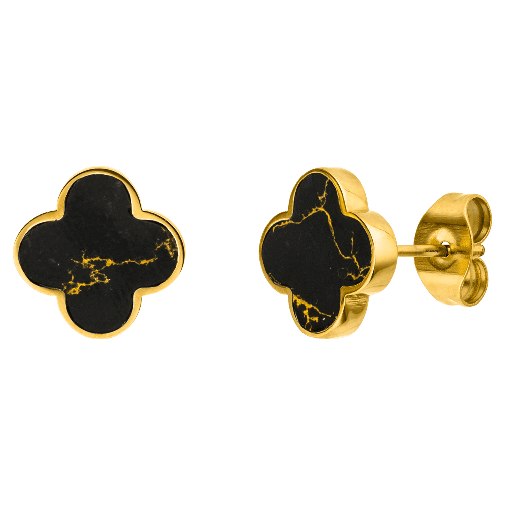 Boucles d'oreilles Trèfle Noir Plaqué or 18K ou acier chirurgical poli