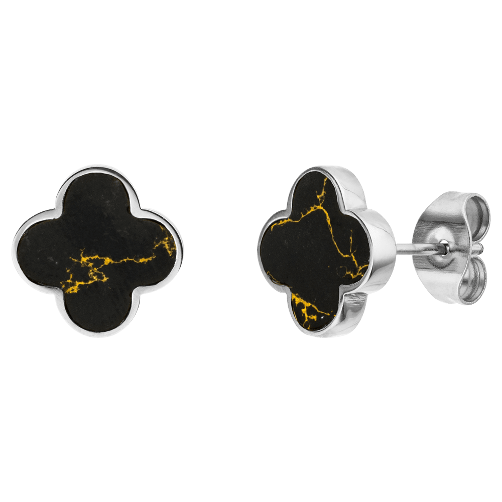 Boucles d'oreilles Trèfle Noir Plaqué or 18K ou acier chirurgical poli
