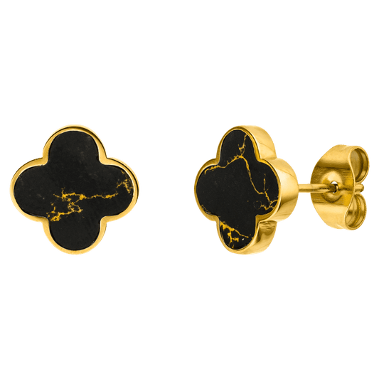 Boucles d'oreilles Trèfle Noir  Plaqué or 18K ou acier chirurgical poli