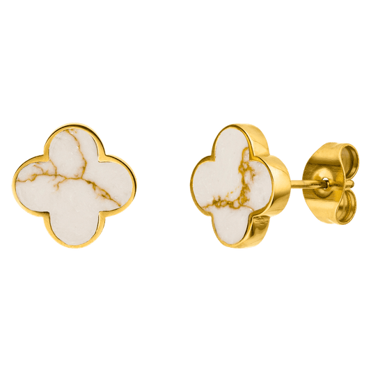 Boucles d'oreilles Trèfle blanc | Plaqué or 18 carats ou acier chirurgical poli