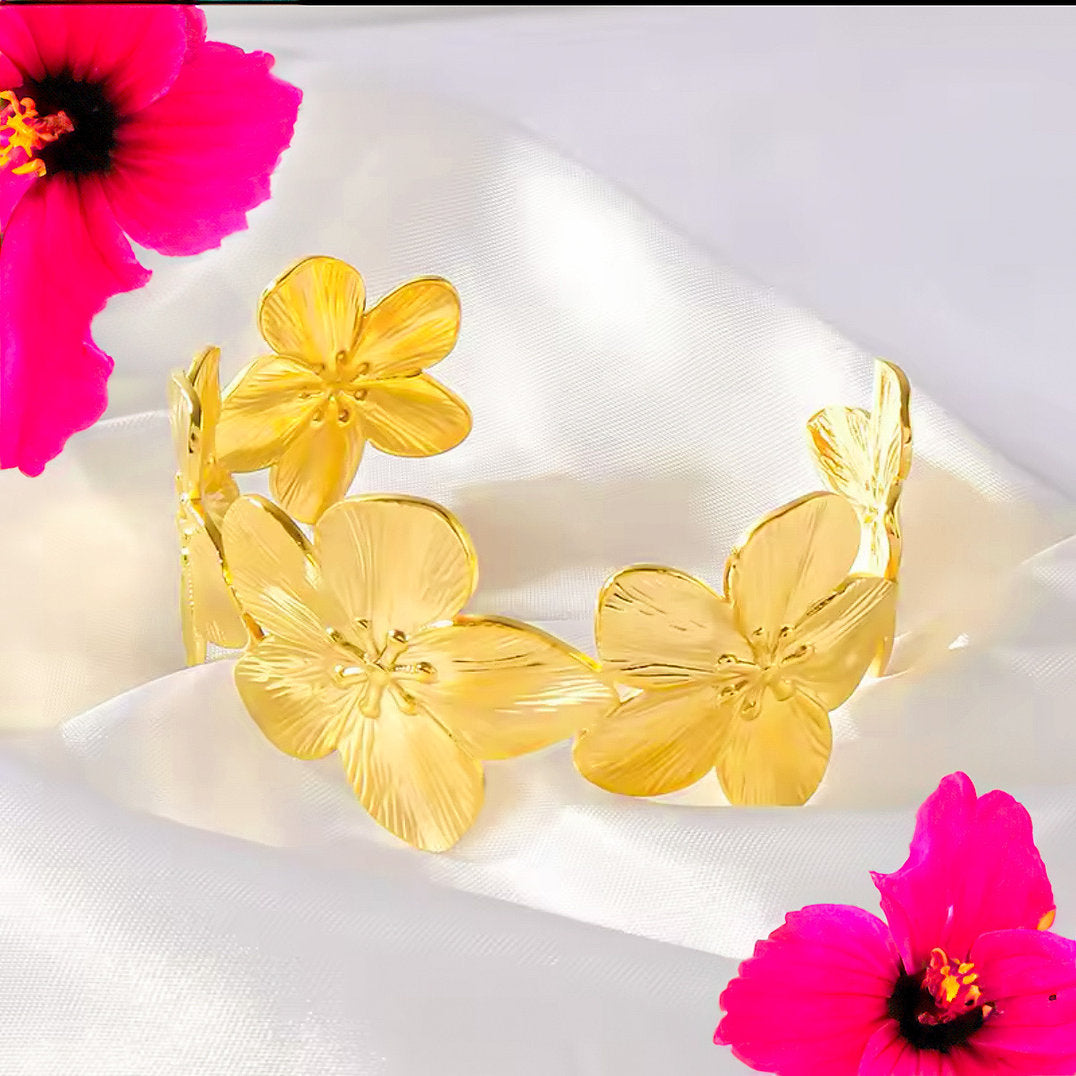 NOUVEAUTE ! bracelet manchette fleurie | acier inoxydable doré.